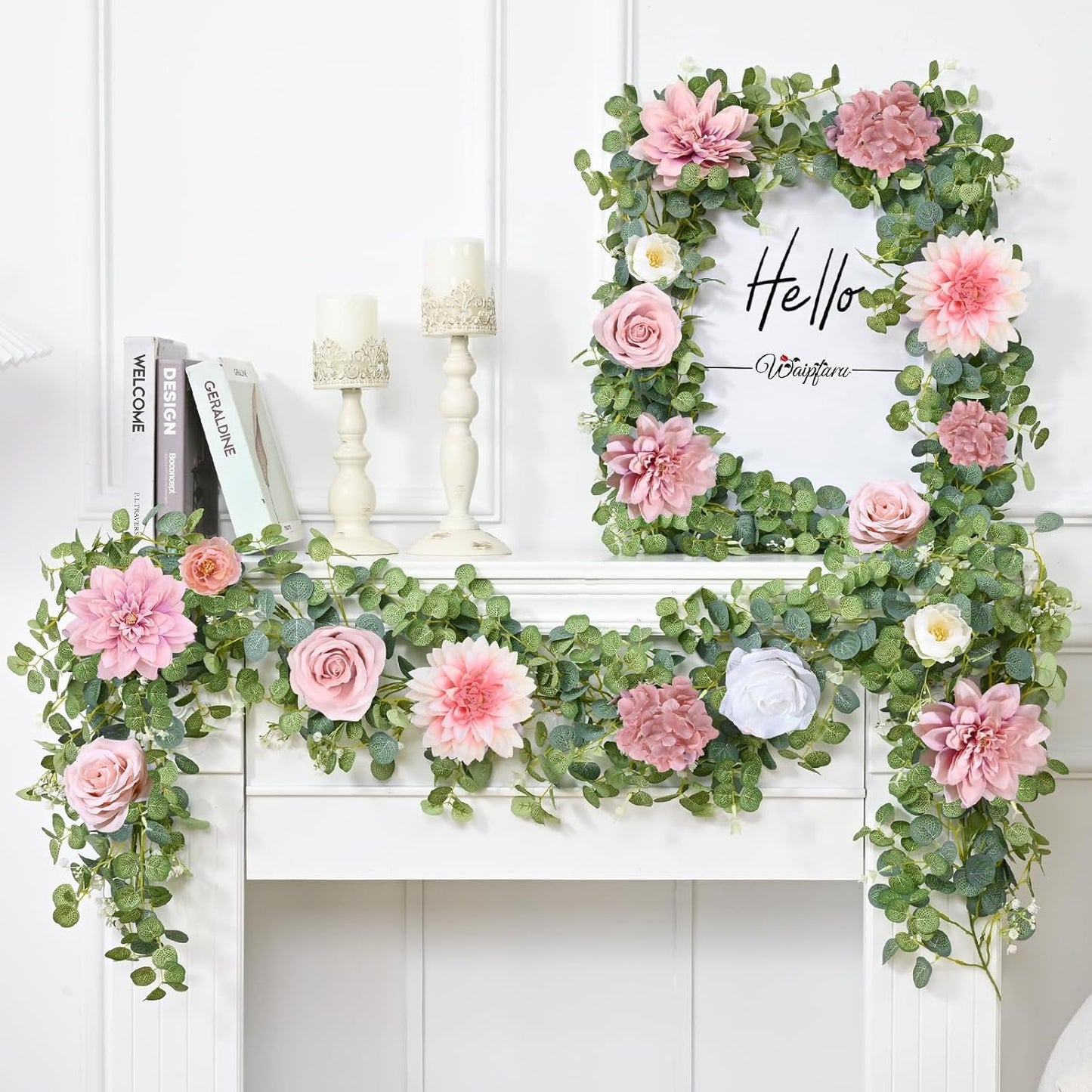 Waipfaru Artificial Flower Garland, 6.07ft Eucalyptus Garland with Flowers for Wedding Reception Table Mantle Room Decor (Rose Pink)