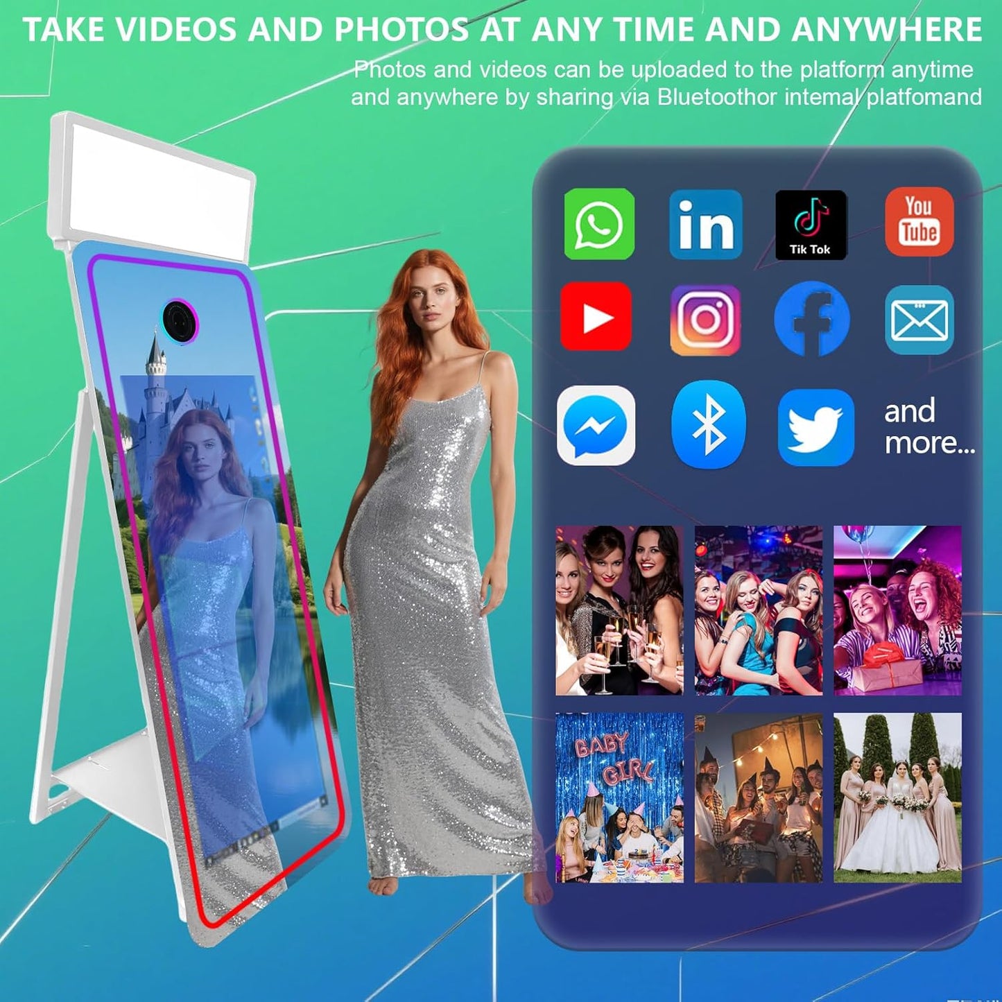 65''Magic Mirror Photo Booth Machine,Mirror Photo Booth 43''Touch Screen,Photo Booth with Flight Case,App Control,RGB Light for Wedding Party Events (White, Machine)