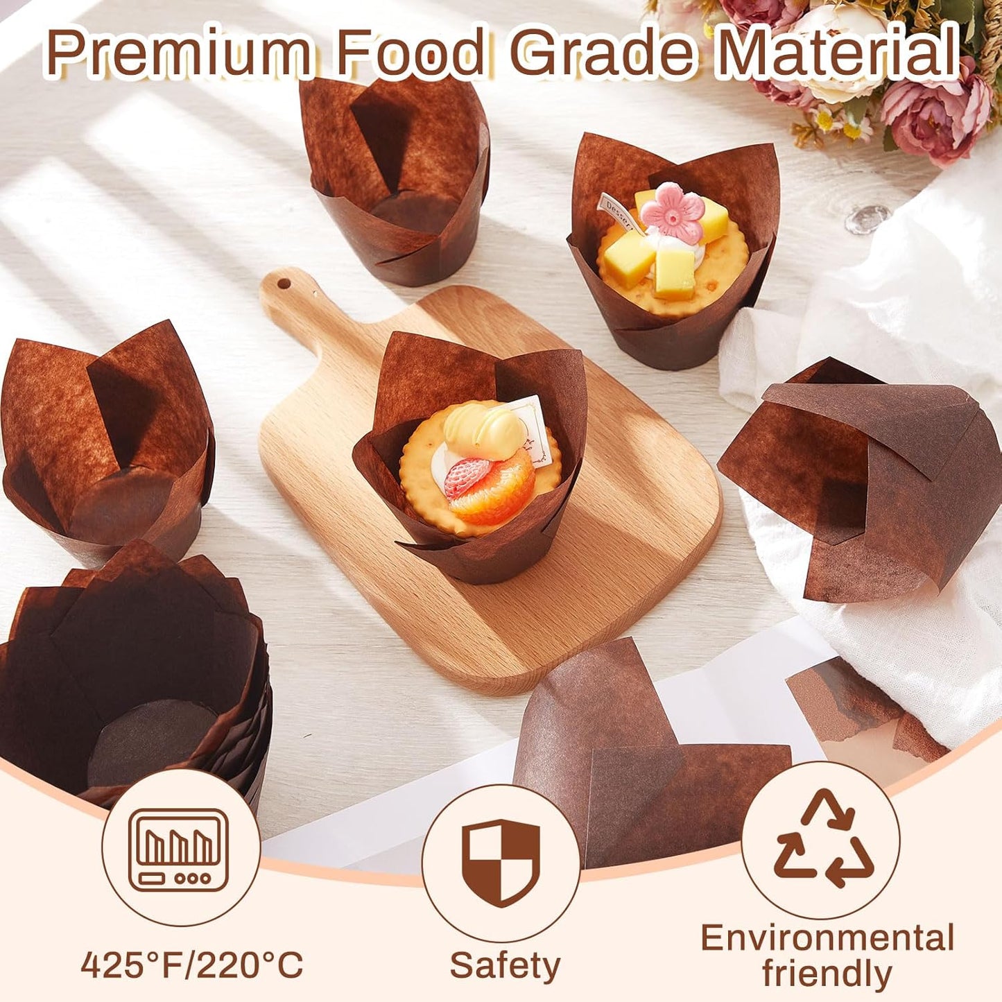 300 Pcs Jumbo Muffin Liners for Baking 2-1/4" x 4" Large Tulip Cupcake Liners Greaseproof Cupcake Wrapper Paper for Weddings Birthday Christmas Anniversaries Party (Brown)