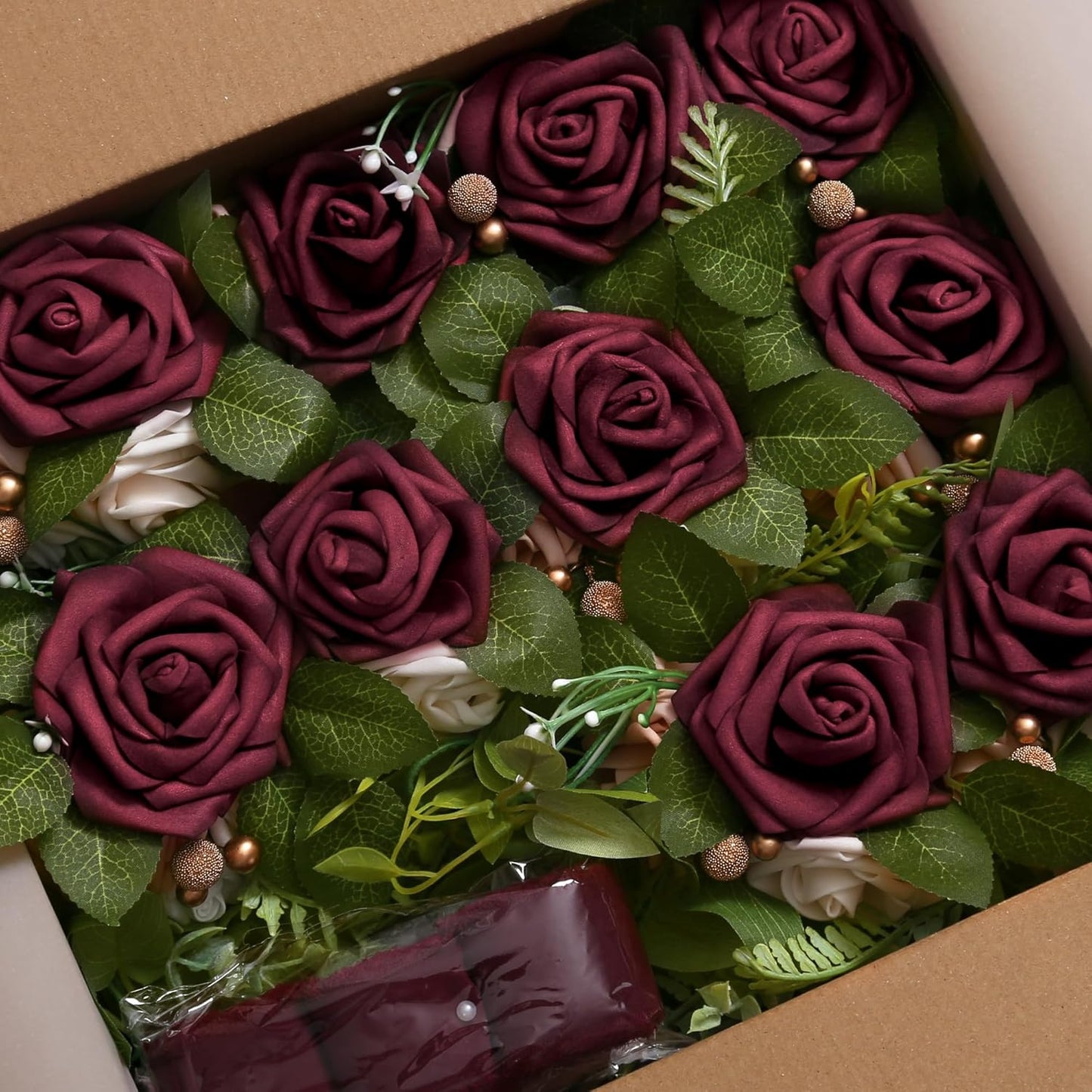 DORIS HOME Wedding Chair Decorations Burgundy Pew Flowers Set of 10 for Wedding Ceremony Party Aisle Decor with Artificial Flowers Eucalyptus and Ribbons