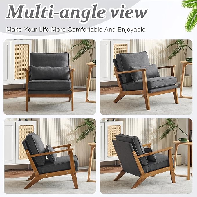 VINGLI Solid Wood Wide Armrests Accent Chair Set of 2, Upholstered Mid Century - Image 8