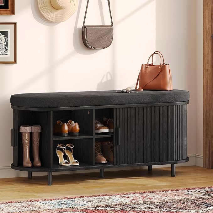 Oval Shoe Storage Bench with Padded Seat Cushion, 2-Tier Fluted Shoe Cabinet by ComfyCorner