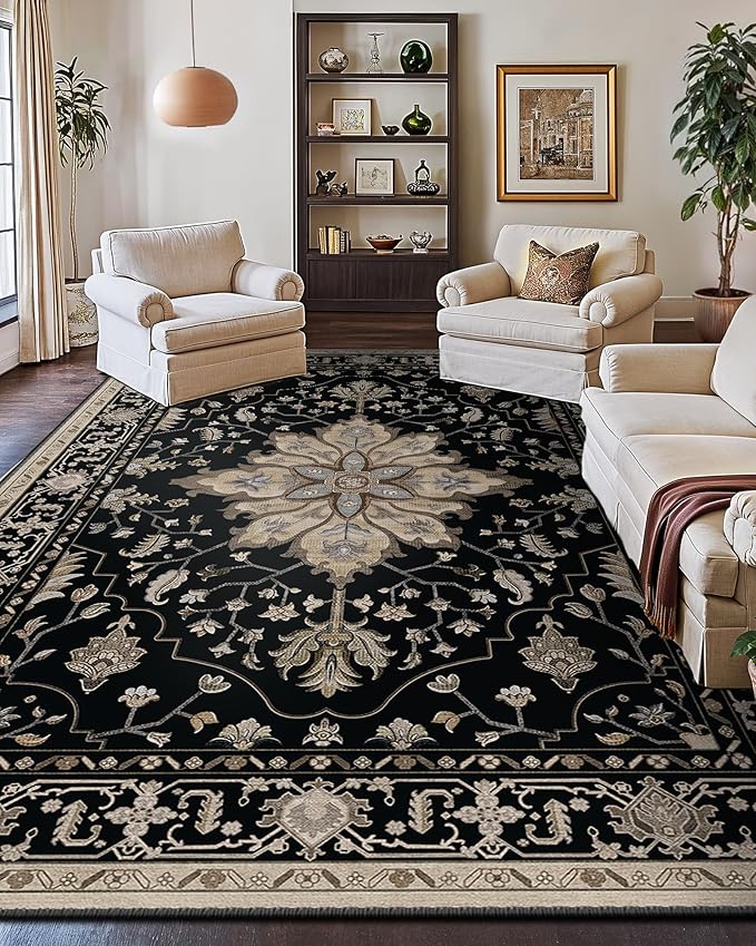 RELEANY Area Rugs 10'x14' Washable Non-Slip, Floral Vintage Distress Print by RELEANY