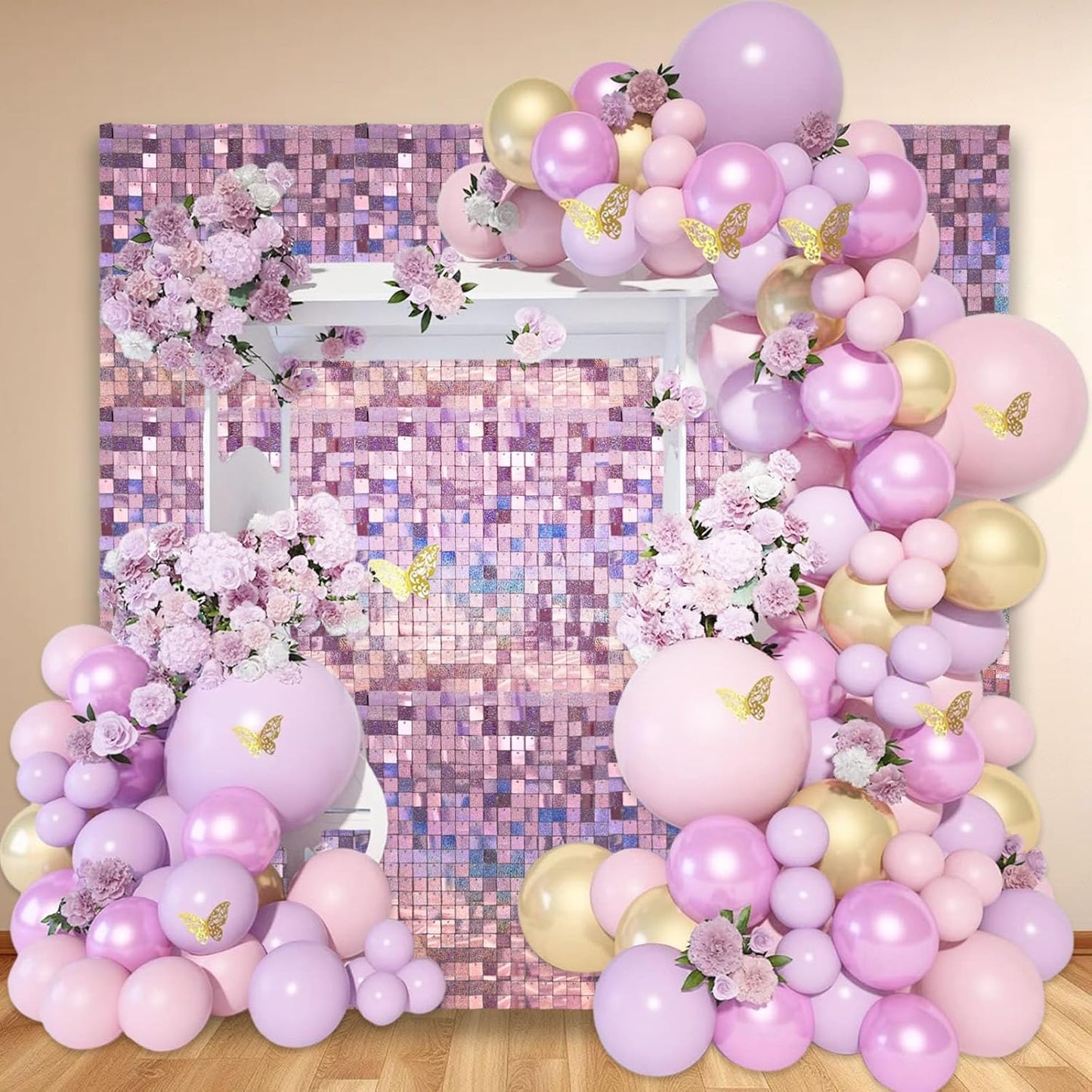 24PCS Light Pink Shimmer Wall Backdrop, Laser Square Sequin Photo Backdrops Panel, Glitter Wall Background for Birthdays, Weddings, Christmas, Engagements, Disco Bachelorette Party Decor (4FTx6FT)