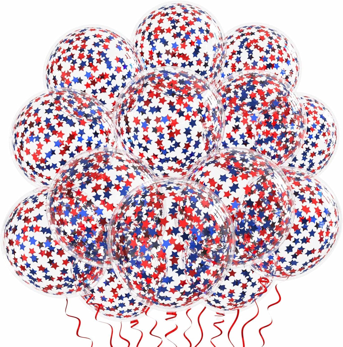 VHUWE 25 Pcs Blue Red Star Confetti Balloons, 12 Inch Clear Latex Balloon with Confetti Inside for 4th of July Decorations Birthday Party Baby Shower Graduation Engagement Decorations Supplies