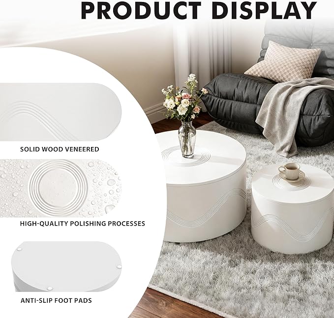 Round Nesting Coffee Table Set of 2, Circle Coffee Tables - Image 3