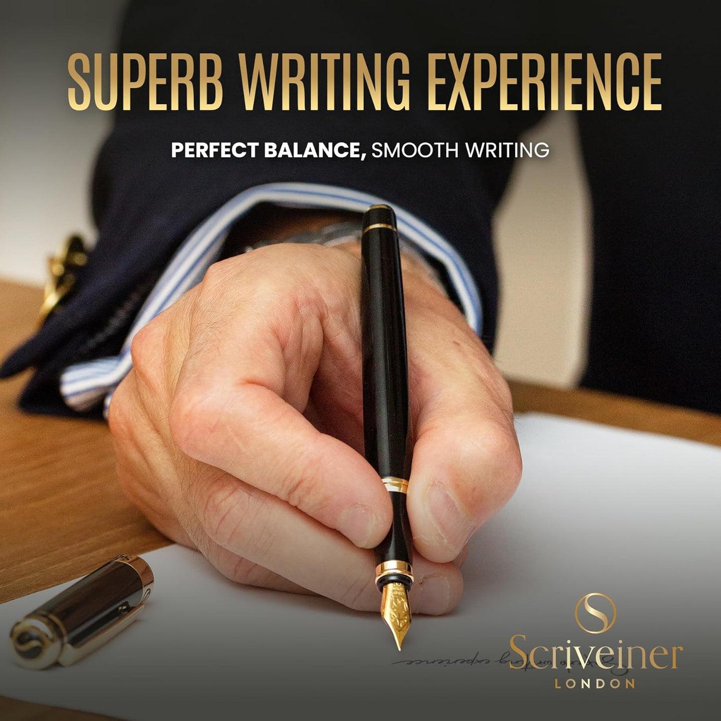 Scriveiner Luxury Fountain Pen - Stunning Luxury Pen, Real Gold Finish, Schmidt Gilded Nib (Medium), Converter, Best Pen Gift Set for Men & Women, Professional, Executive, Office, Nice Pens
