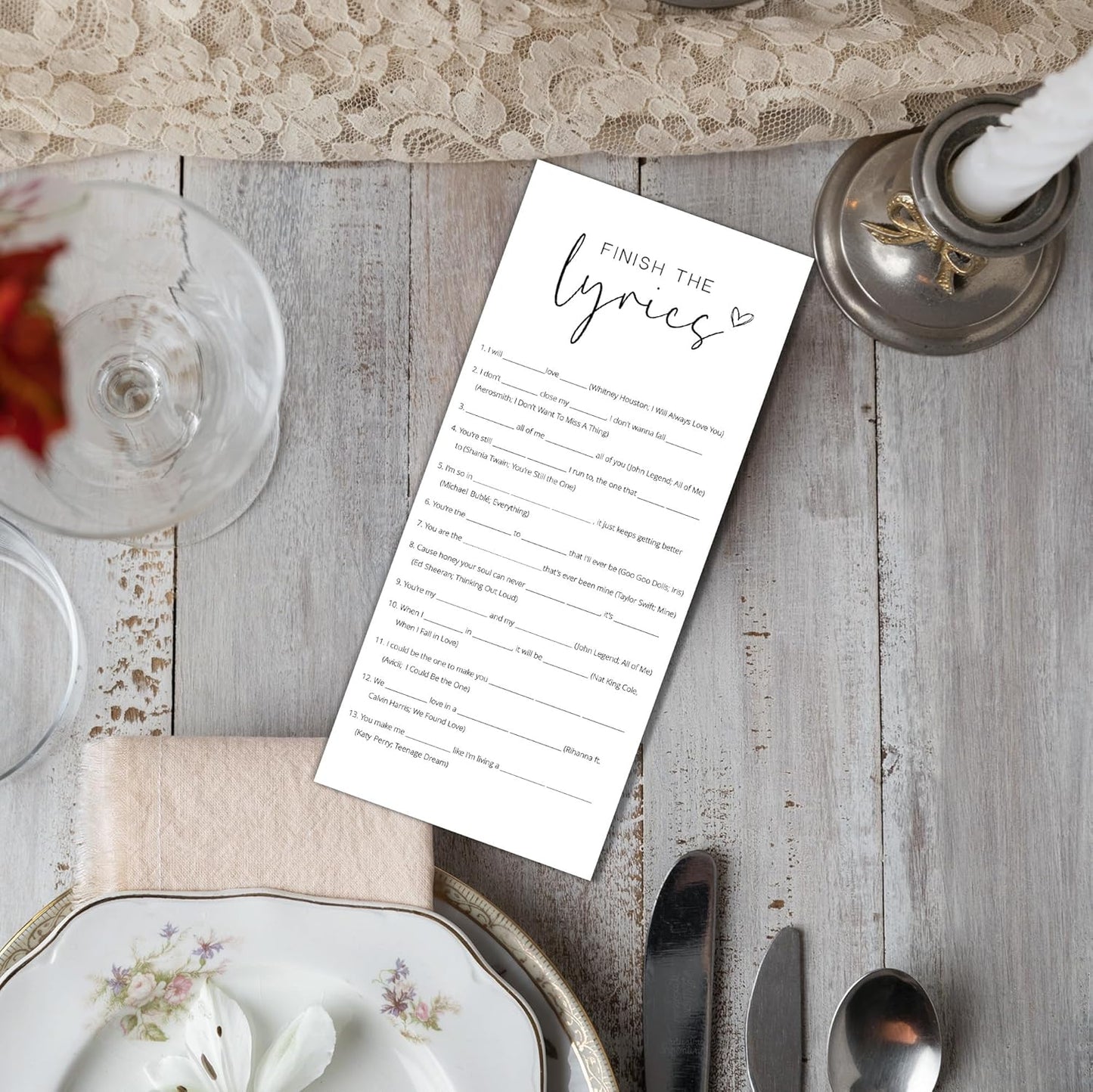 Bridal Shower Games, Finish the Lyrics, 25Pcs 4x9inch Minimalist White Double-Sided Bridal Game Cards with 1 Answer Key, Wedding Shower Games for Guests, Engagement Bachelorette Party Supplies - A09