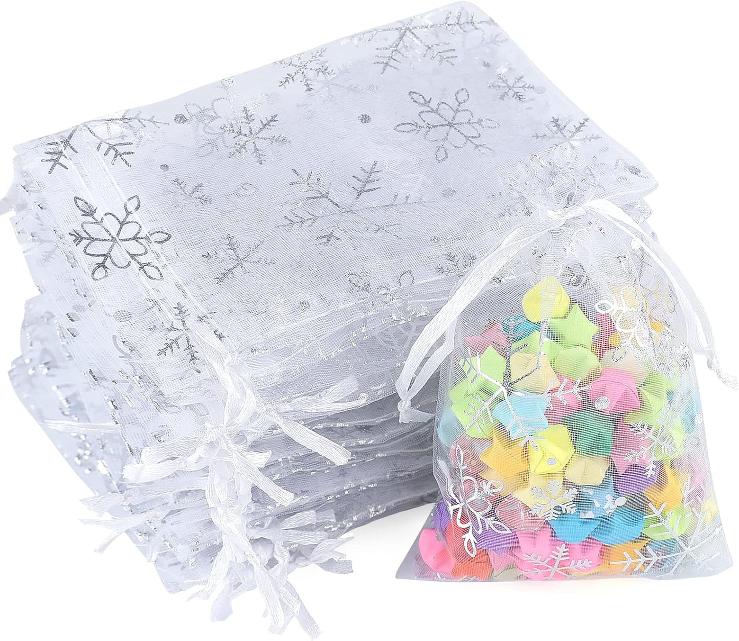 jijAcraft 4x6 Inch Christmas Organza Bags - 50Pcs White Snowflake Gift Bags with Drawstring, Xmas Party Favor Sheer Mesh Pouches for Winter Gift, Candy, Jewelry Bag
