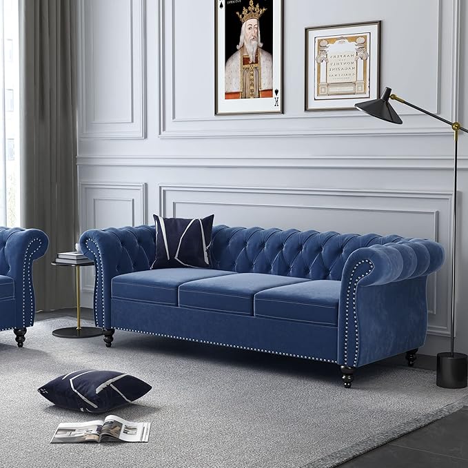 ORRD 2 Pieces Living Room Set, Velvet Couch Chesterfield Sofa Loveseat - Image 4