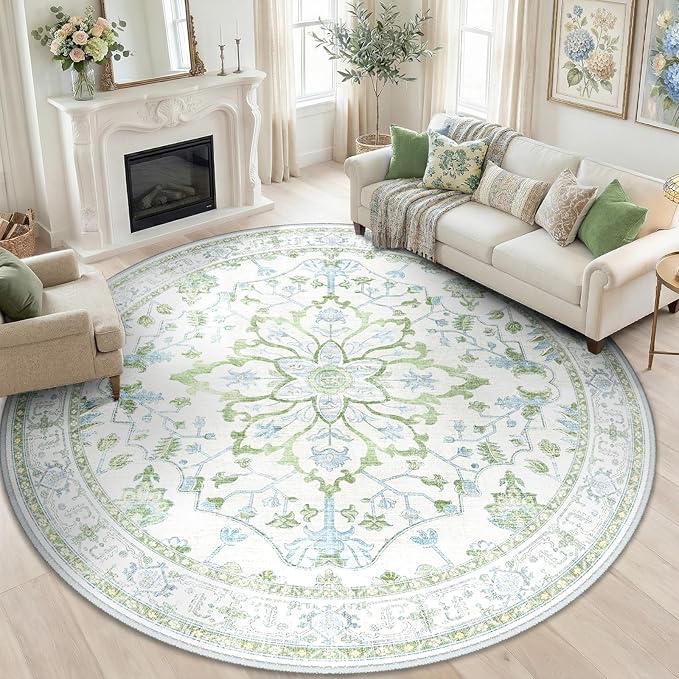 RELEANY Area Rugs Round 8ft Washable Non-Slip, Floral Vintage Distress Print by RELEANY