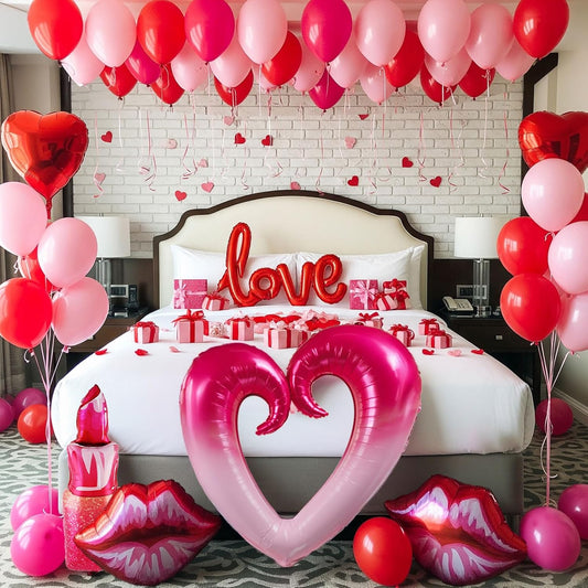 Valentines Day balloon garland arch kit with red Hot pink and love theme mylar lip heart-shaped love letter balloons for Valentines galentines Day Proposal decorations