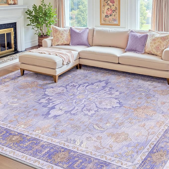 RELEANY Area Rugs 8'x10' Washable Non-Slip, Floral Vintage Distress Print by RELEANY
