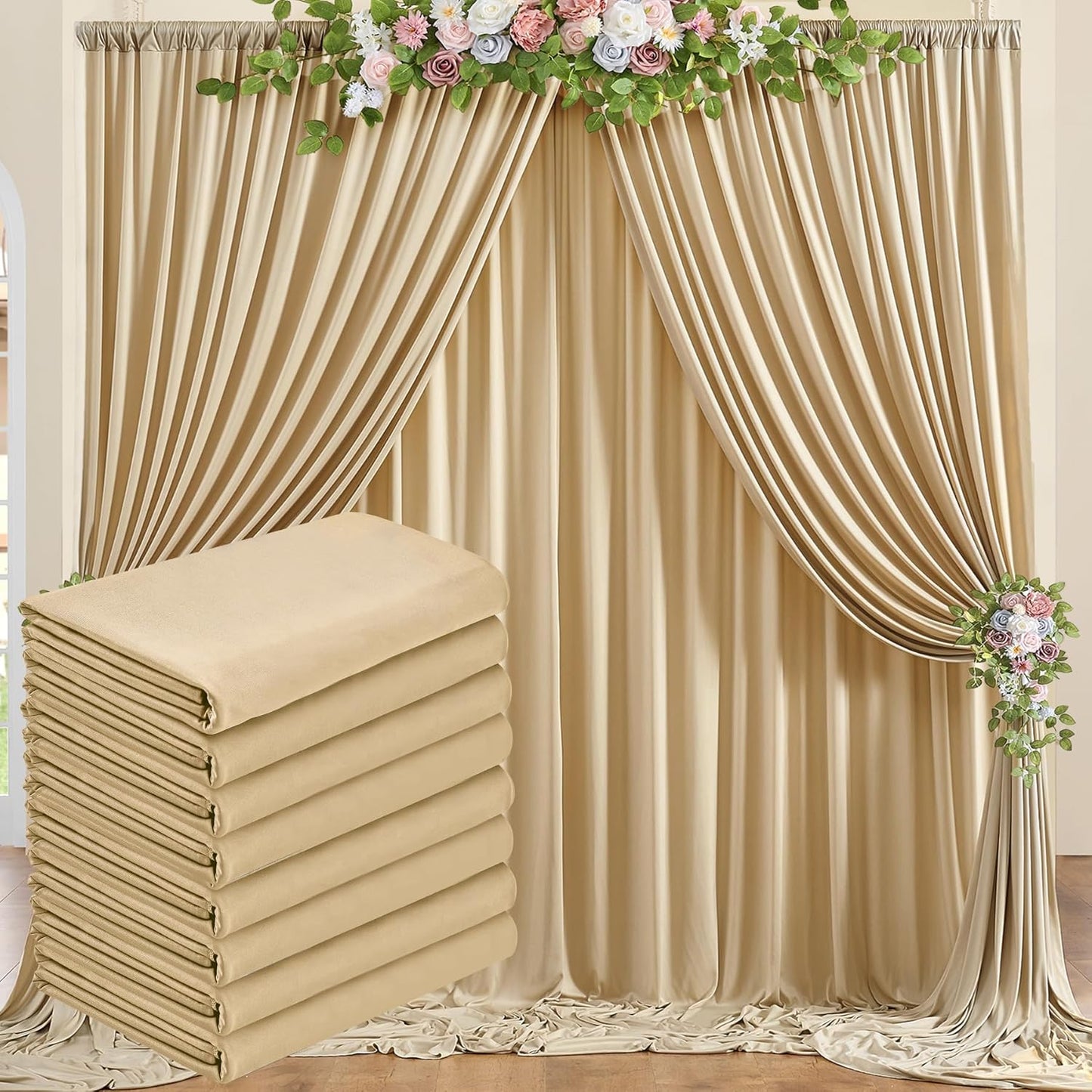 40x8 ft Thick Beige Backdrop Curtain for Wedding Parties, 8 Panels 5x8 ft Wrinkle Free Polyester Beige Photo Backdrop Drapes for Birthday Party Home Decoration Supplies