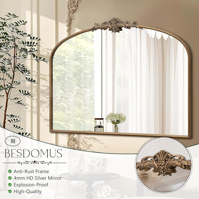 Besdomus Vintage Arched Gold Mirror: 40"x29" French Large Matt Gold Antique - Image 7