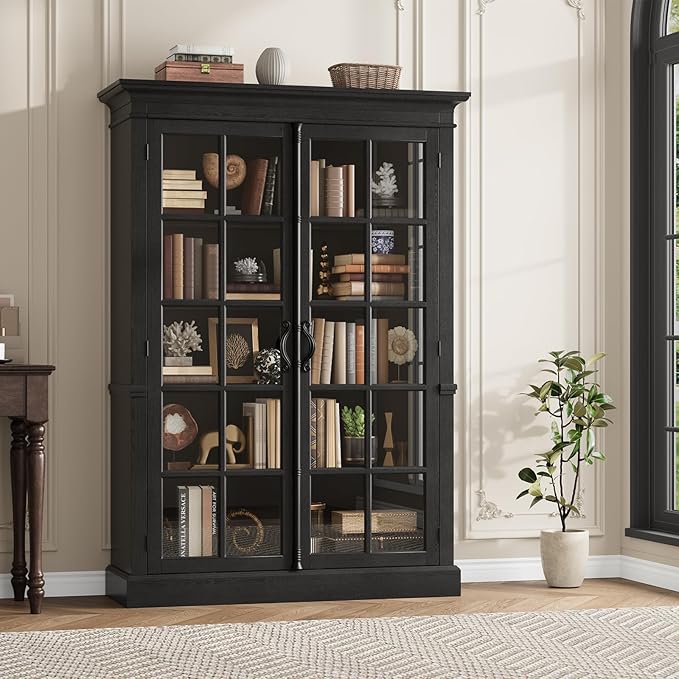 QUW Modern 65" Tall Display Cabinet, Farmhouse Curio Cabinets - Image 4