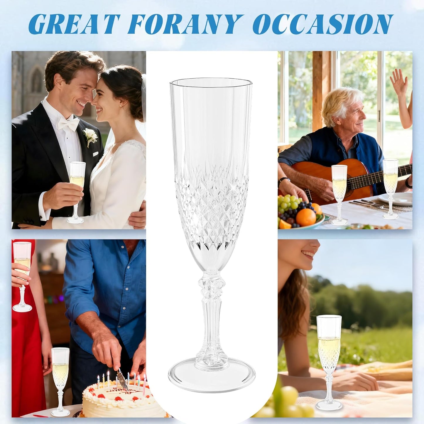 Plastic Champagne Flutes, 12PCS White Transparent Wine Glasses Goblets Cups Shatterproof Reusable Flute for Weddings Bachelor Parties Toasting and Events(12,Transparent)