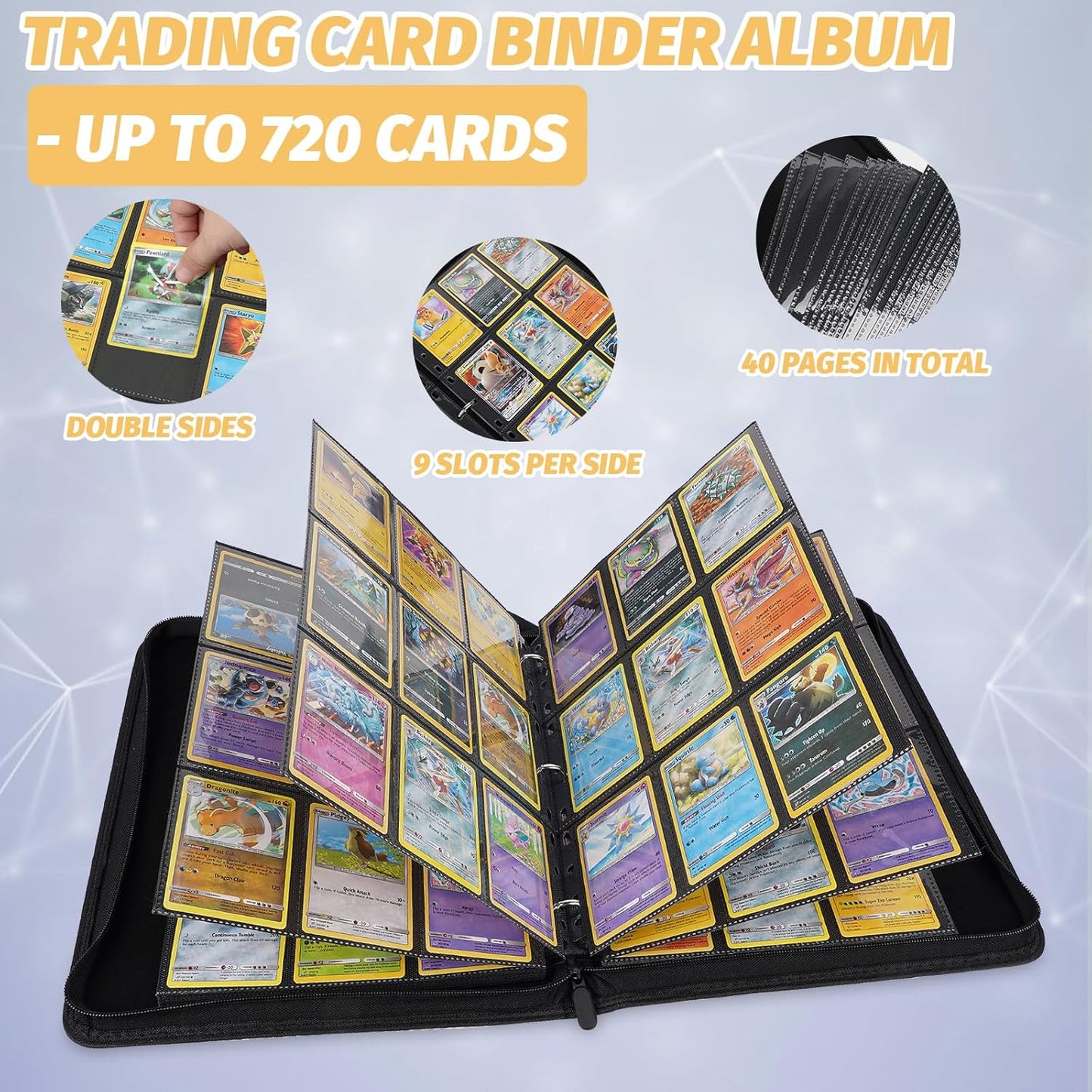 Trading Card Binder, Premium 9 Pocket Card Binder, 720 Double Sided Pocket PU Collection Binder, Collector Album, Card Holder for MTG, TCG, Sports Cards (Diamond Black)