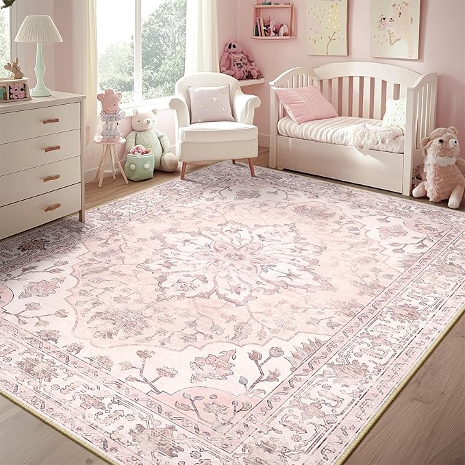 RELEANY Area Rugs 5'x7' Washable Non-Slip, Floral Vintage Distress Print by RELEANY