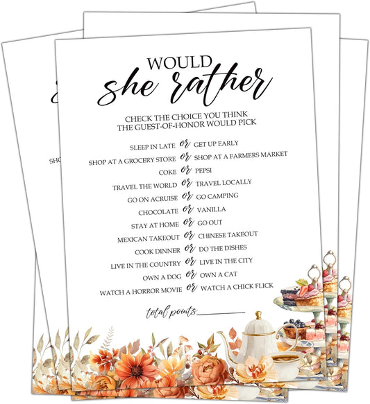 Fall Bridal Shower Games Cards, Would She Rather Wedding Bachelorette Party Games, Fall in Love Bridal Shower Decorations, 25 Cards, G01