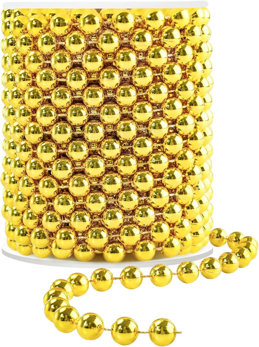 Faux Gold Pearl Bead Garland - 10mm Christmas Tree Beads 11 Yards Gold Pearl Strands Spool for Wedding Party Christmas Tree Decoration