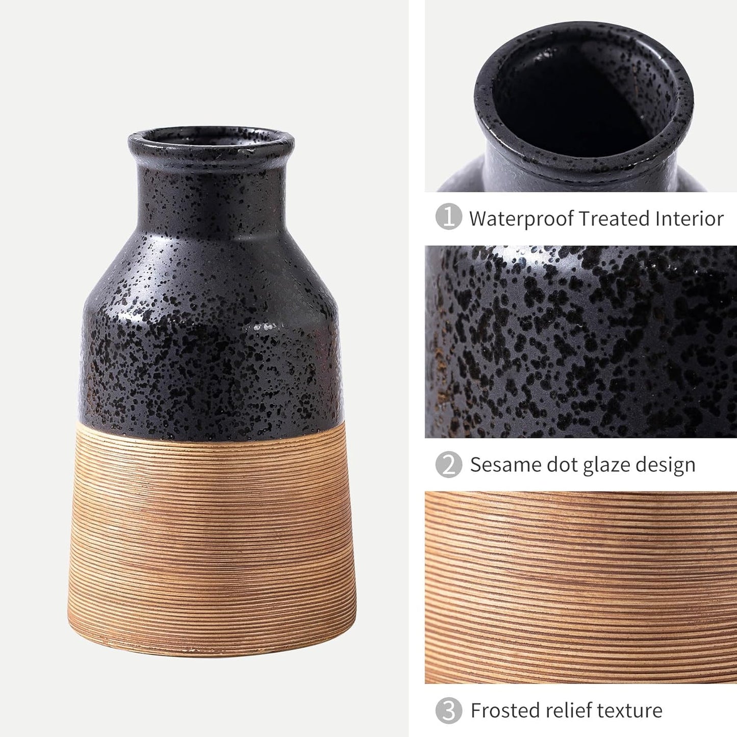 Black and Brown Rustic Farmhouse Floral Ceramic Striped Vase, Modern Antique Decorative Ceramic Flower Vases for Bouquet, Living Room, Bookshelf, Office, Wedding Mother Cottage Core Home Decor 7.7 in