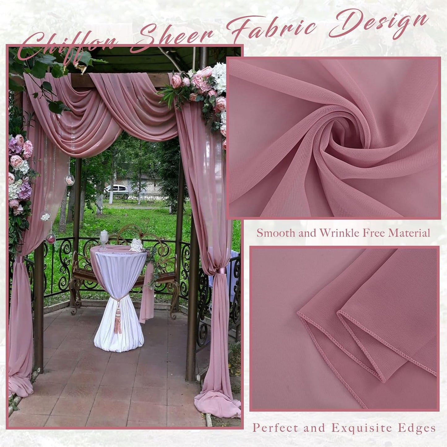 Dusty Rose Wedding Arch Draping Fabric 4 Panels 20Ft Length x 28" Width Arch Drapes Chiffon Fabric Sheer Curtains Backdrop for Party Bridal Decorations Wedding Ceremony Ceiling Stage Reception Decor