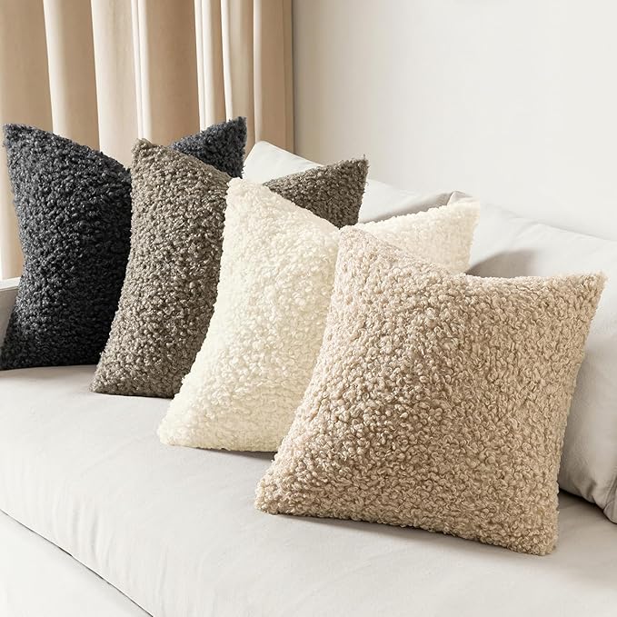 Faux Fur Throw Pillow Covers 20x20 Inch Set of 2 Boucle Neutral Decorative - Image 4
