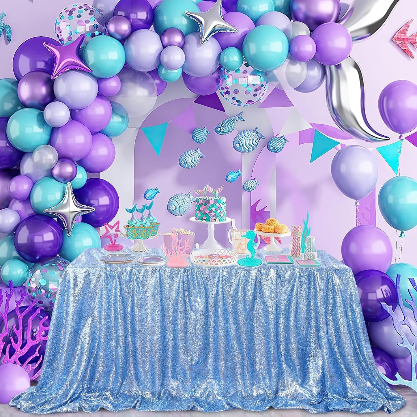 QueenDream Baby Blue Party Tablecloth Decoration: Rectangle Shimmer Mermaid Tablecloth 90x90 Inch Sequin Cloth Frozen Birthday Decorations
