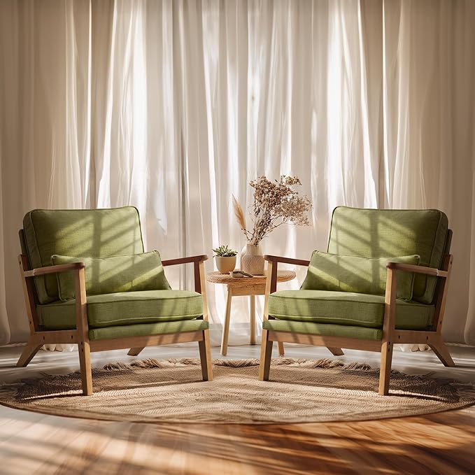 VINGLI Solid Wood Wide Armrests Accent Chair Set of 2, Upholstered Mid Century by VINGLI