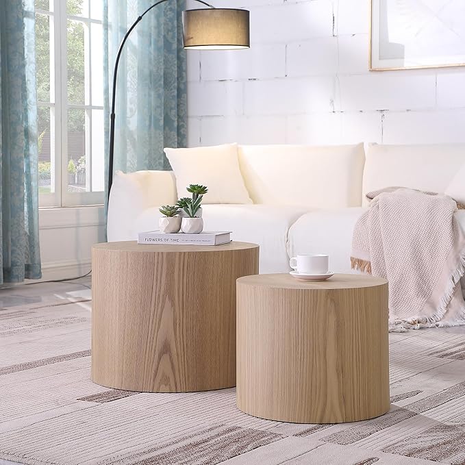 Small Round Coffee Table Nesting End Table Set of 2, Wood Side Circle Accent by HanStrong