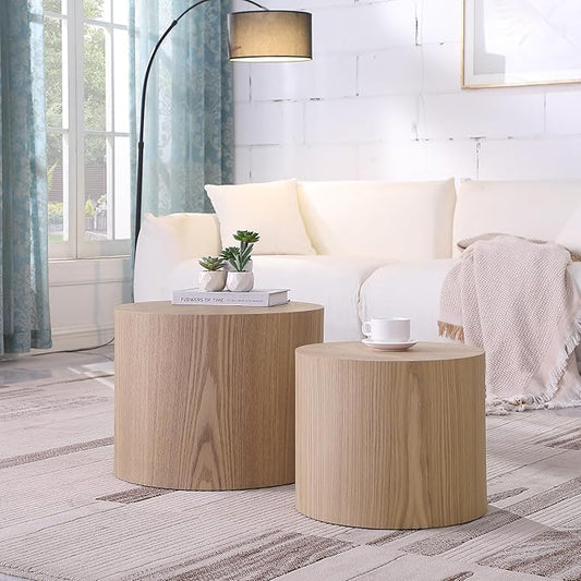 Small Round Coffee Table Nesting End Table Set of 2, Wood Side Circle Accent by HanStrong