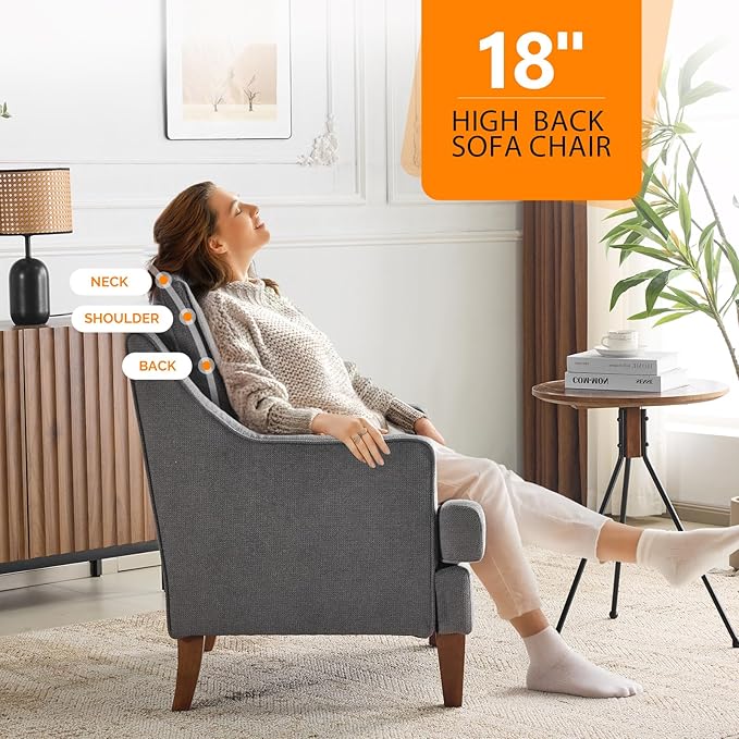 VINGLI Mid-Century Modern Accent Chair, Light Grey Upholstered Armchair Comfy - Image 3