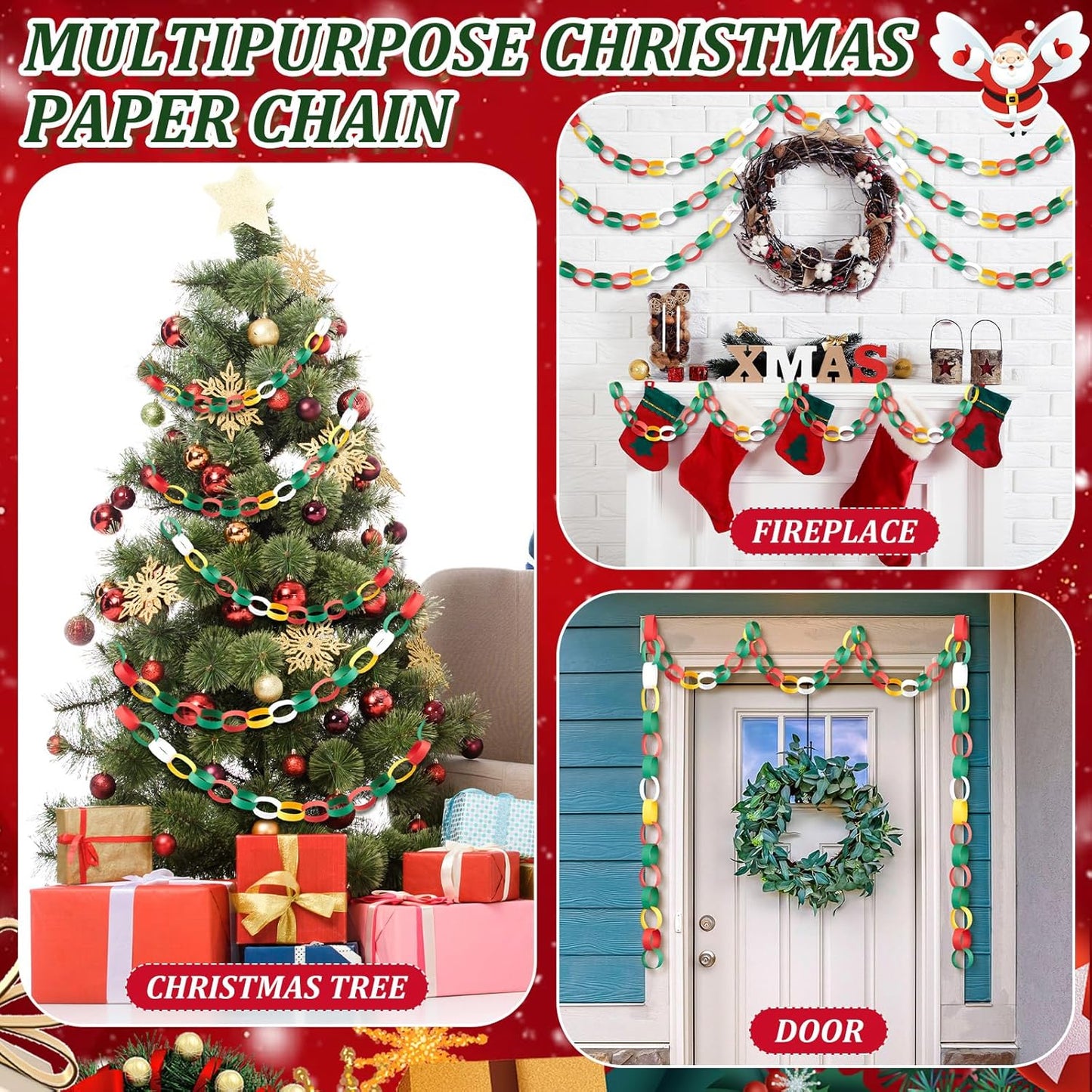 Lincia 600 Sheet Halloween Paper Chain Garland, Construction DIY Crafts Chain Strip for Fall Thanksgiving Party Decor, 1x8 Inch with Double Sided Tape (Christmas)