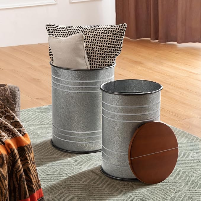 Glitzhome Rustic End Table Set of 2, Farmhouse Galvanized Metal Barrel Ottoman - Image 7