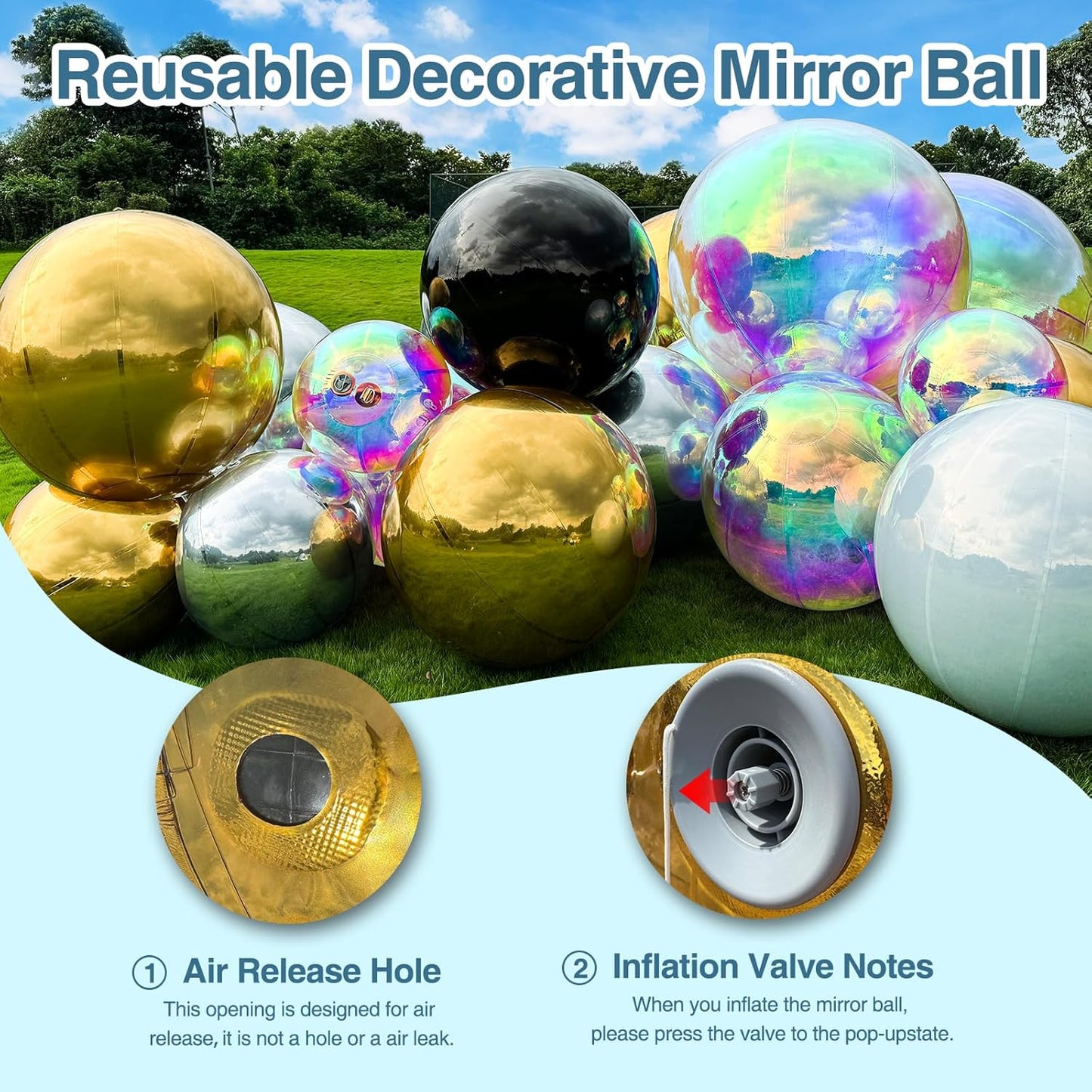 Inflatable Mirror Ball, Gold Big Shinny Balls Reusable Large PVC Disco Ball Balloon for Large Event Decoration, Party, Wedding Decor, Concerts, Stage (1 Pcs, 1m/39.4in Without Air Pump)