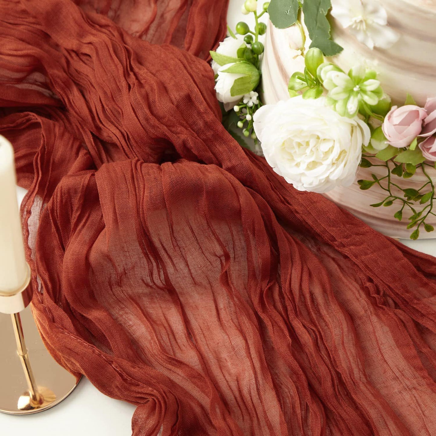 8 Pack 10Ft Terracotta Cheesecloth Table Runner 35x120 inch Boho Gauze Cheese ClothsTable Runners Long Wrinkled Sheer Romantic Table Runner for Wedding Bridal Shower Birthday Party Table Decor