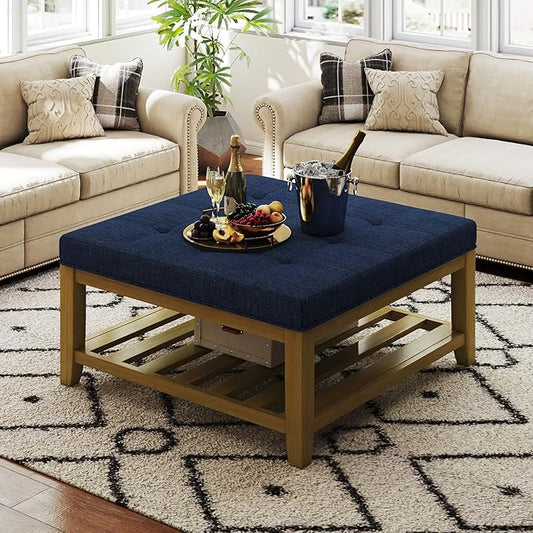 Befurtori Large Square Ottoman Coffee Table, Linen Solid Upholstered Footrest by Befurtori