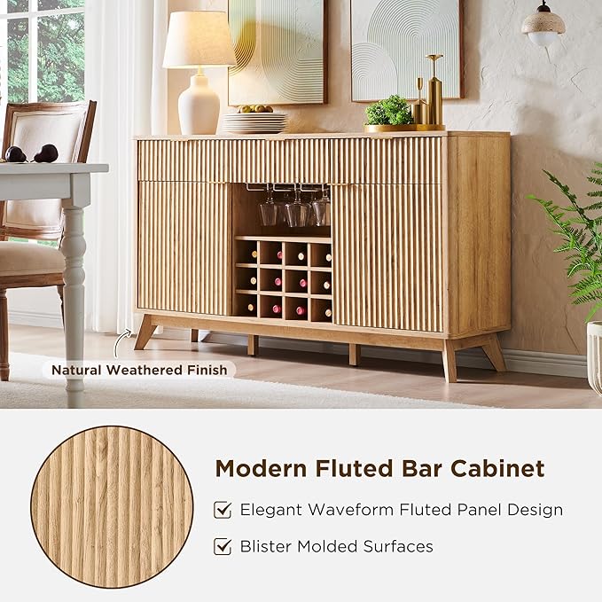 OKD Fluted Wine Bar Cabinet, 3 Drawers, 4 Glass Holders & 12 Wine Racks - Image 7