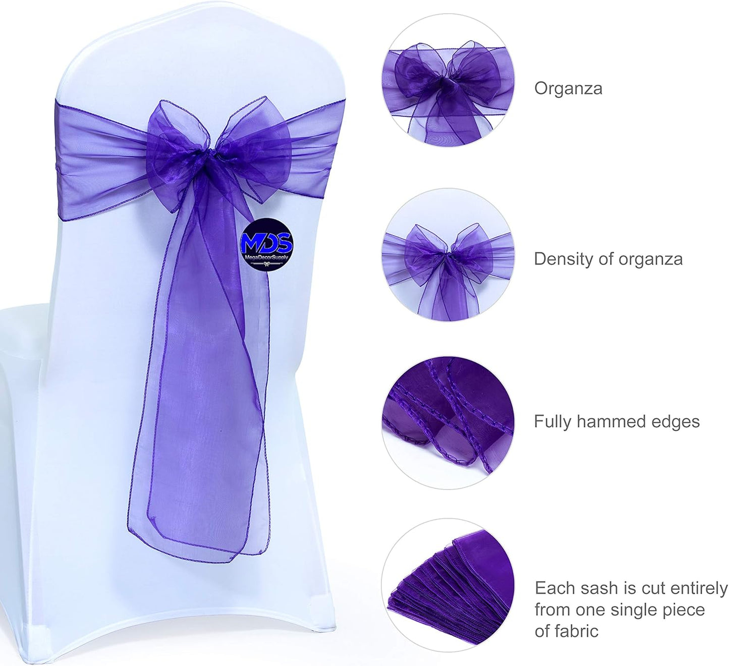 MDS Pack of 250 PCS Organza Chair Sashes Wider Dining Chair Bows Ribbon Tie Back for Wedding Party Birthday Bridal Shower Reception Event Banquet Home Chair Cover Decoration - Purple