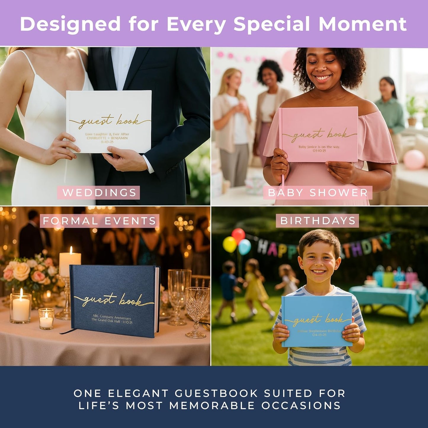 Promot Personalized Guestbook for Party (Champaigne Beige) - 110 Lined Pages in Wood-Free Vegan Leather Hard Cover - Wedding Guest Book Sign in and Photos, Baby Shower, Birthday or Graduation