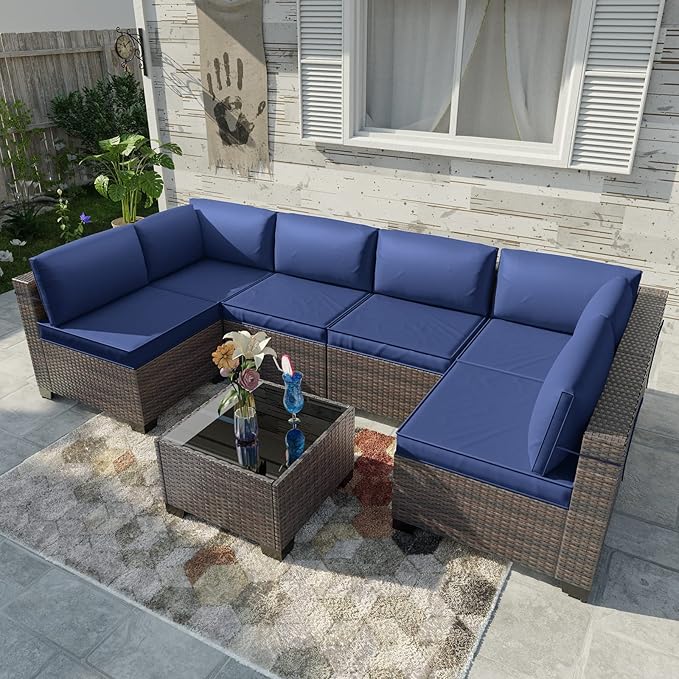 Kullavik 7 Pieces Outdoor Patio Furniture Set, Sectional Rattan Sofa Set Brown - Image 2