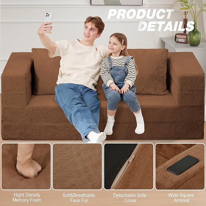 Folding Bean Bag Chair for Adults, 3-in-1 Bean Bag Couch Faux Fur Floor Sofa - Image 8