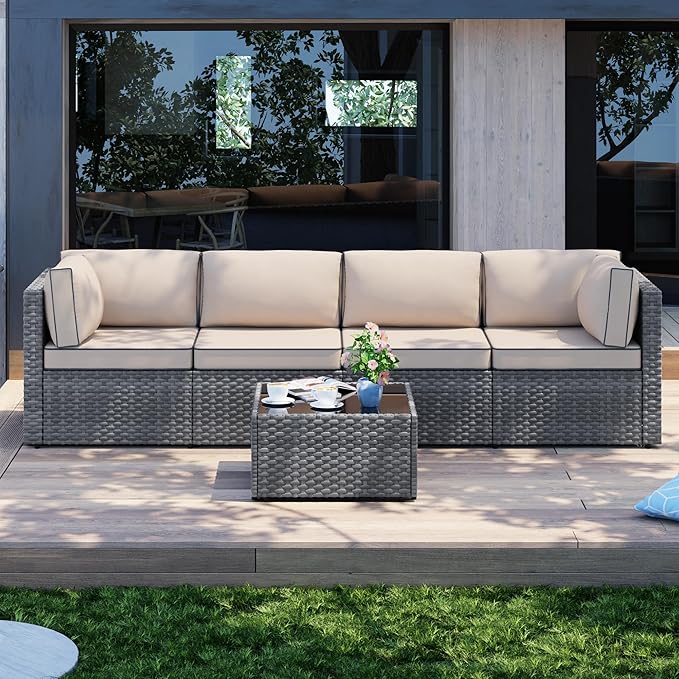 Patio Furniture Sets, 5 Piece Outdoor Sectional Sofas, Wicker Rattan Outdoor - Image 3