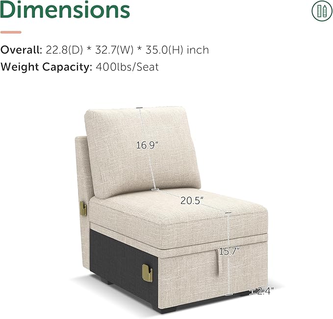 HONBAY Single Seat for Modular Sectional Sleeper Sofa - Image 3