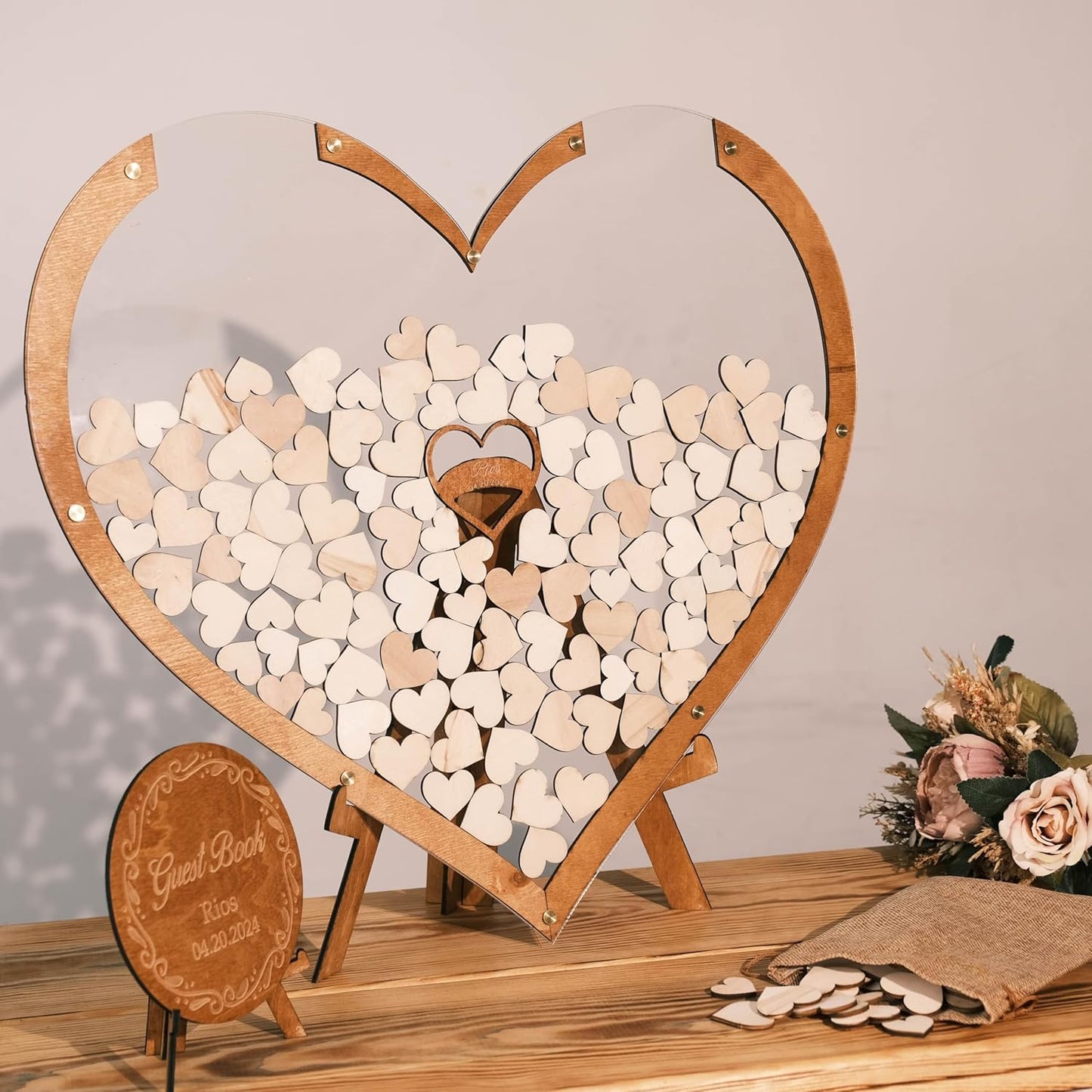 Personalized Wooden Wedding Guest Book Alternative – Rustic Heart Round or Rectangle Shape with Acrylic Display – Custom Gift for Couples