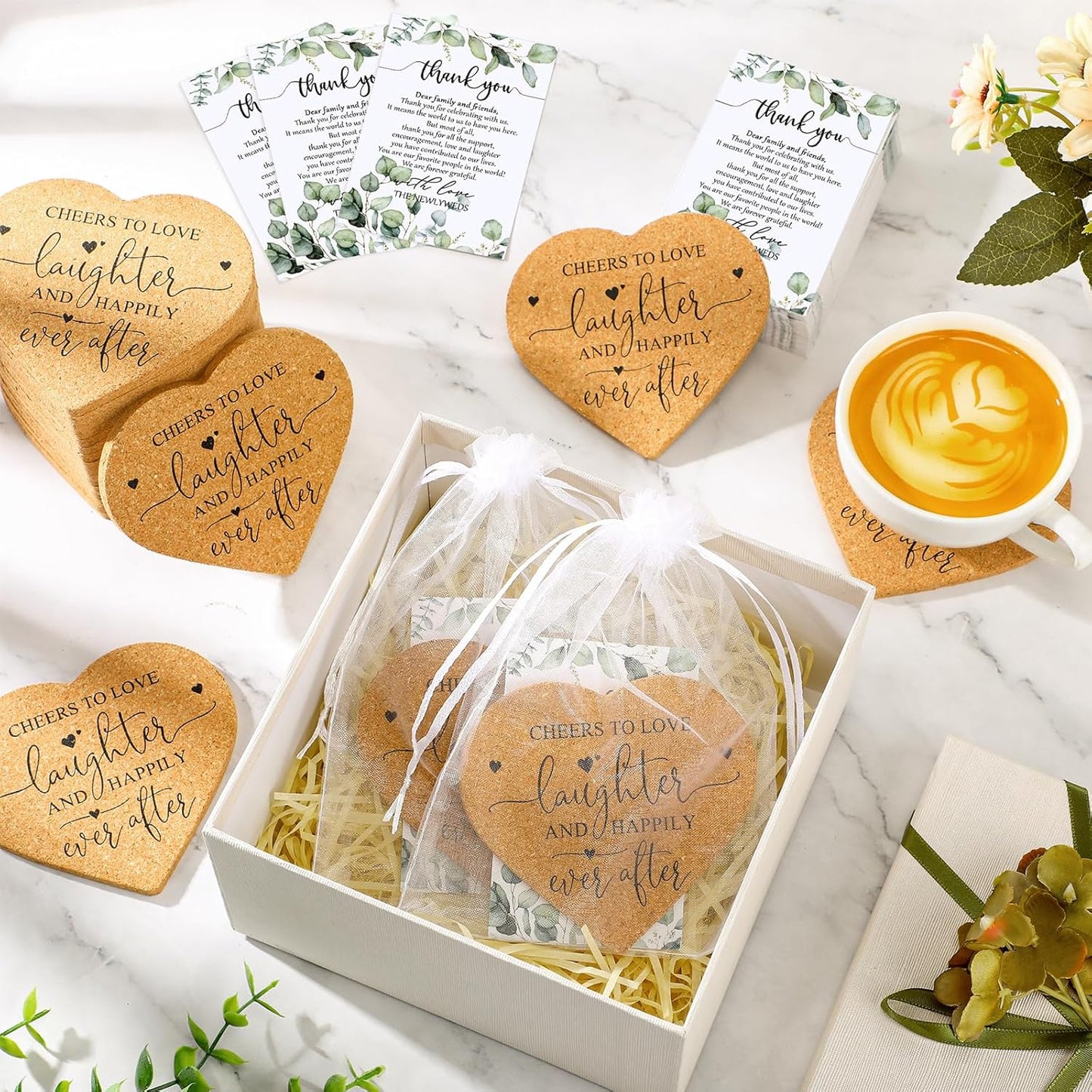 Uiifan 100 Set Wedding Favors for Guest Coaster Gifts Bulk Heart Shaped Coasters Thank You Cards Organza Bags Guest Souvenirs for Wedding Party Bridal Favors