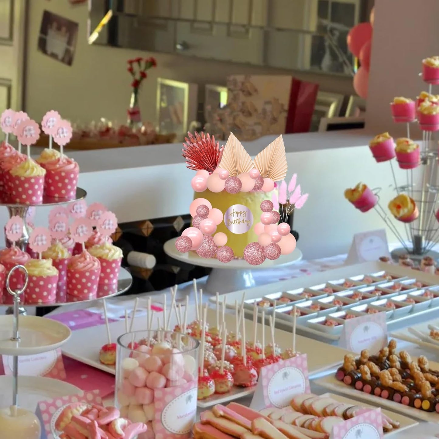 Ephlyn 33 Pack Balls Cake Toppers Boho Palm Leaves Cake Decorations Round Acrylic Happy Birthday Cupcake Toppers for Birthday Wedding Baby Shower Party Supplies Rose Gold