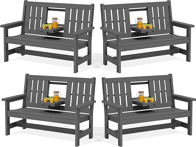 SERWALL Outdoor Bench with Cup Holder, Oversized 58" HDPE Porch Bench Suitable by SERWALL
