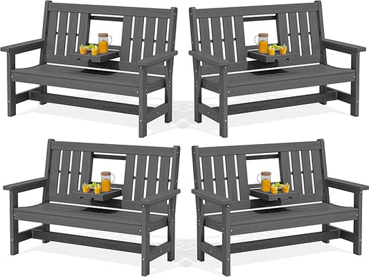 SERWALL Outdoor Bench with Cup Holder, Oversized 58" HDPE Porch Bench Suitable by SERWALL